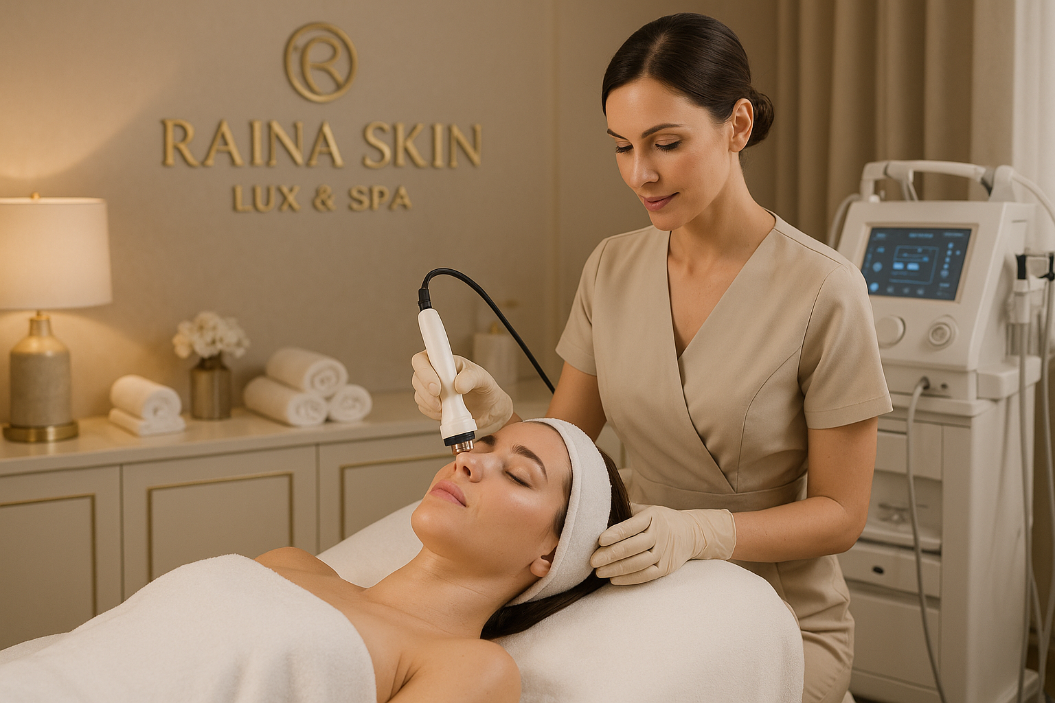 advanced luxury spa treatment of a women receiving radio frequency at RAINA SKIN LUX & SPA