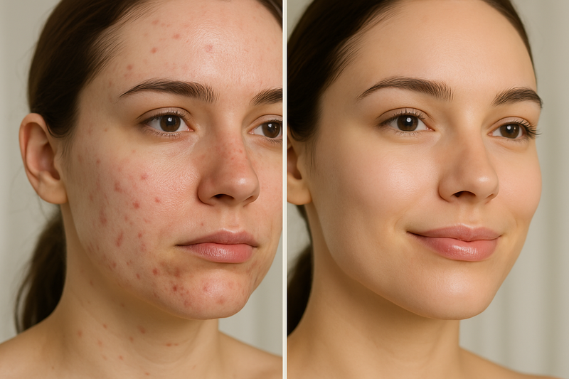 before and after of someone with acne and then clear skin 